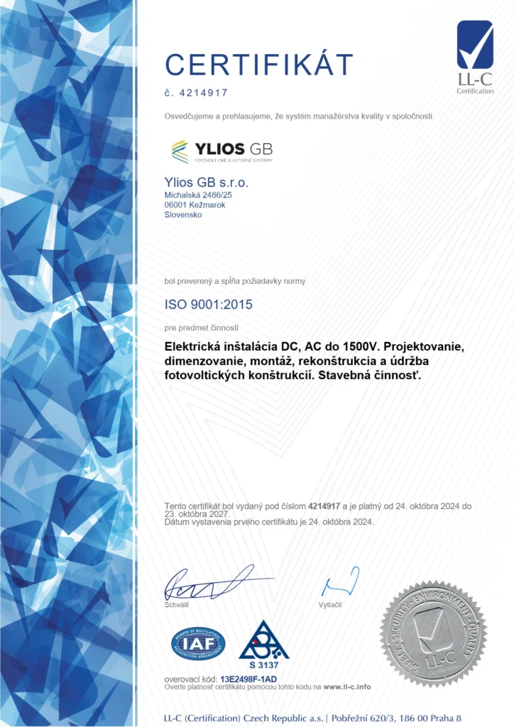 Certifikát: ISO 9001:2015 — systém manažérstva kvality